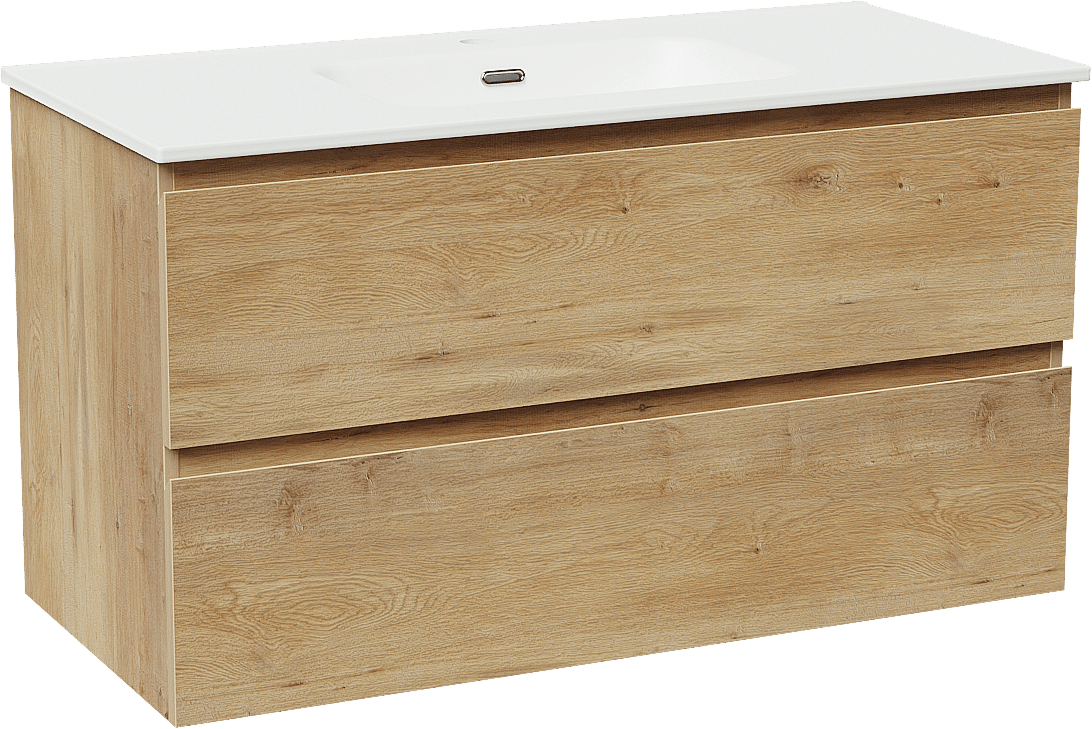 Linie Lado zwevend badkamermeubel 100 x 46 cm natuur eik met Baro enkele wastafel in porselein mat wit