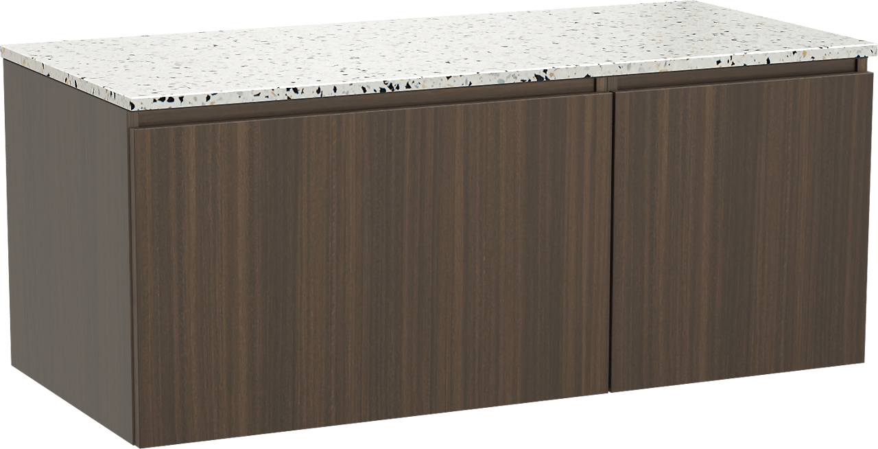 Balmani Sfera zwevend badmeubel 120 x 55 cm eucalyptus met Stretto enkel of dubbel wastafelblad in mat wit/zwart terrazzo