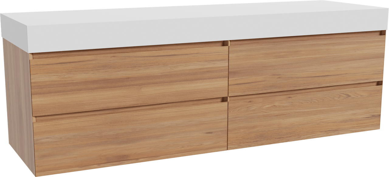 Balmani Mitra hängendes Möbelstück Set: 180 x 55 cm, Teak, mit Dominus Einzel- oder Doppel Waschtischplatte, Solid Surface Weiß matt