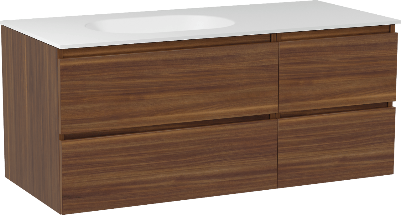 Balmani Lucida hängendes Möbelstück Set: 120 x 55 cm, Amerikanischer Nussbaum, mit Tablo Oval Waschtisch links, Solid Surface Weiß matt