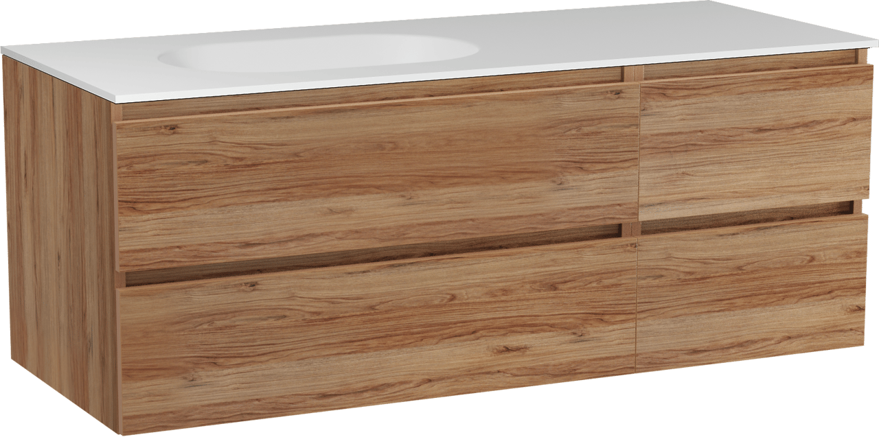 Balmani Lucida meuble salle de bains suspendu 135 x 55 cm teck avec Tablo Oval plan vasque asymétrique à gauche en solid surface blanc mat