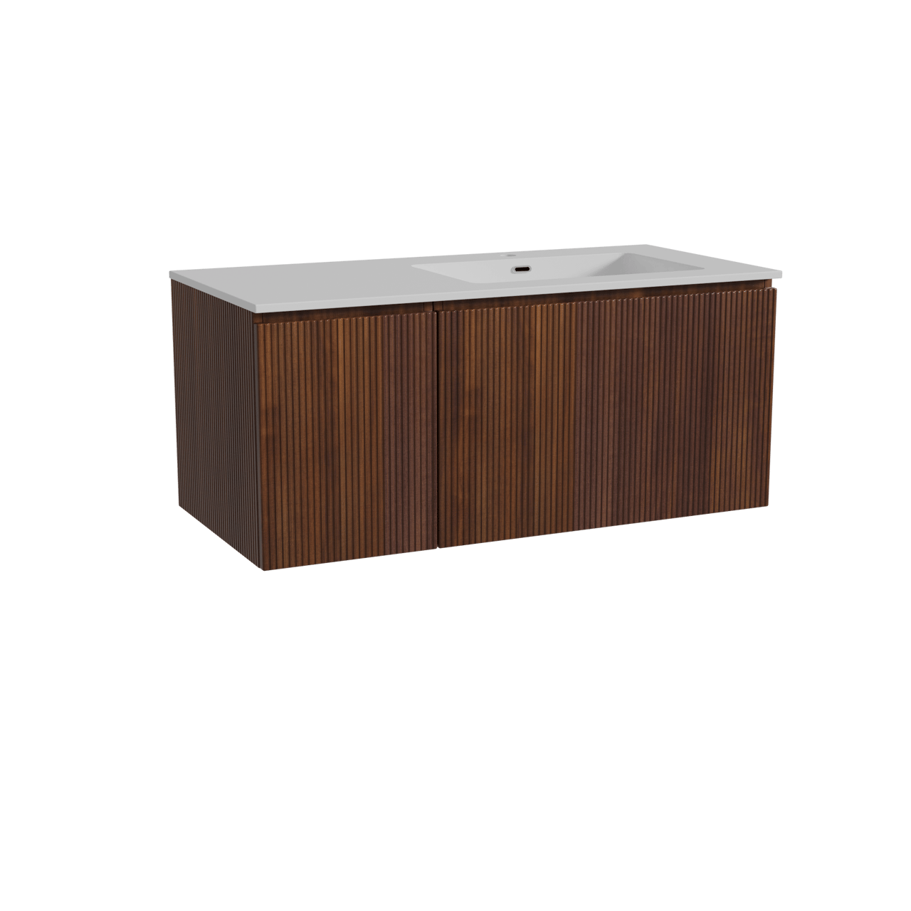 Storke Ribs hängendes Möbelstück Set: 110 x 52 cm, Nussbaum, mit Diva Waschtisch rechts, Marmorkomposit, Weiß glänzend, Vertikale symmetrische gerade Rippe