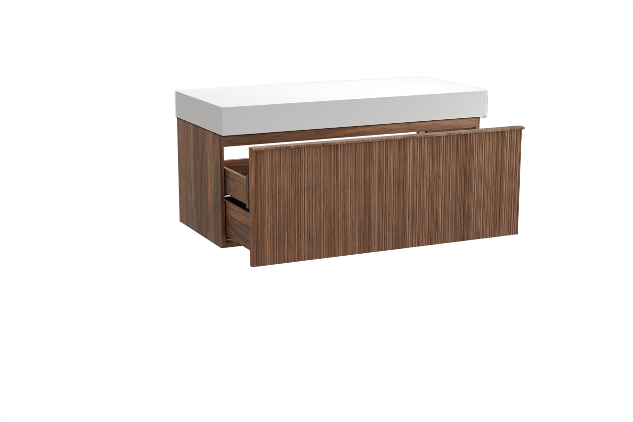 Balmani Forma hängendes Möbelstück Set: 120 x 55 cm, Amerikanischer Nussbaum, mit Dominus Einzel- oder Doppel Waschtischplatte, Solid Surface, Weiß matt, Vertikale asymmetrische Runde Rippe