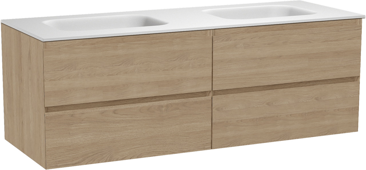 Balmani Mitra zwevend badkamermeubel 150 x 55 cm natuur eik met Tablo Arcato dubbele wastafel in solid surface mat wit