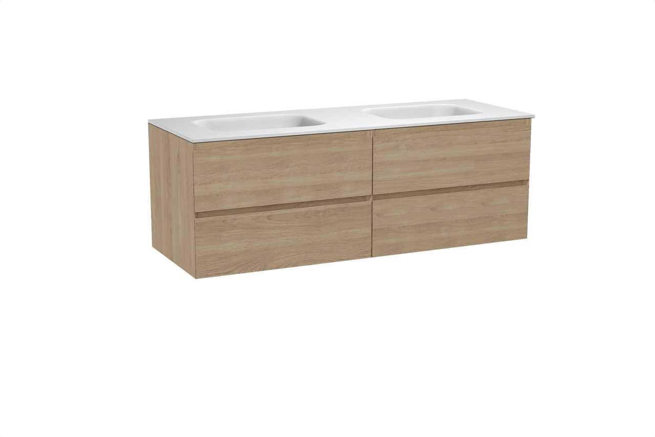 Balmani Mitra zwevend badkamermeubel 150 x 55 cm natuur eik met Tablo Arcato dubbele wastafel in solid surface mat wit