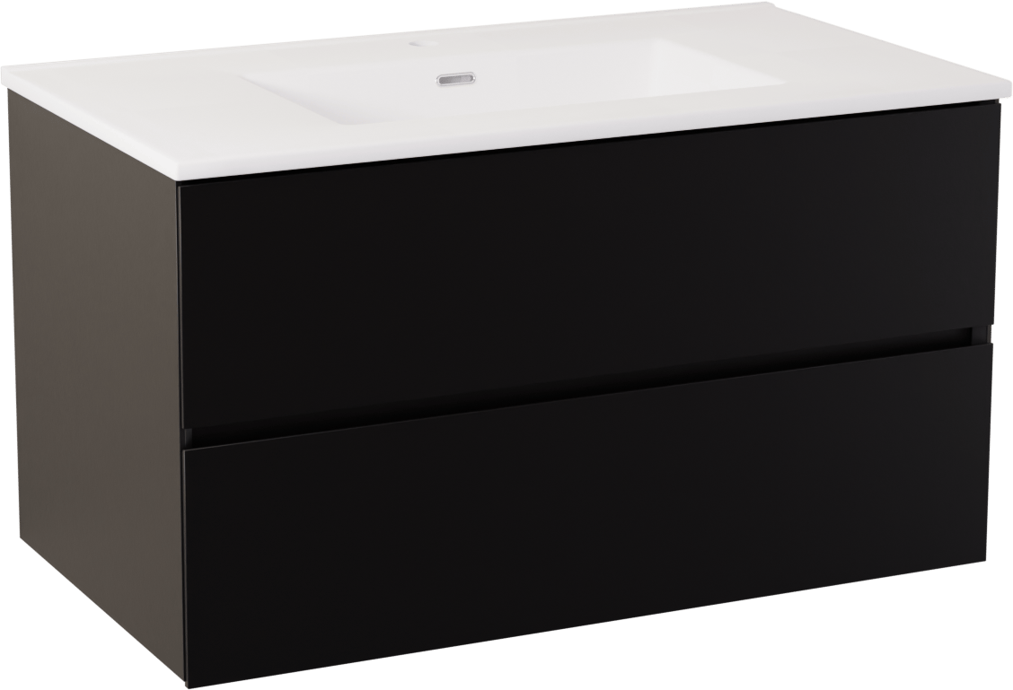 Storke Edge zwevend badmeubel 85 x 52 cm mat zwart met Kera enkele wastafel in porselein mat wit, afvoerplug inbegrepen