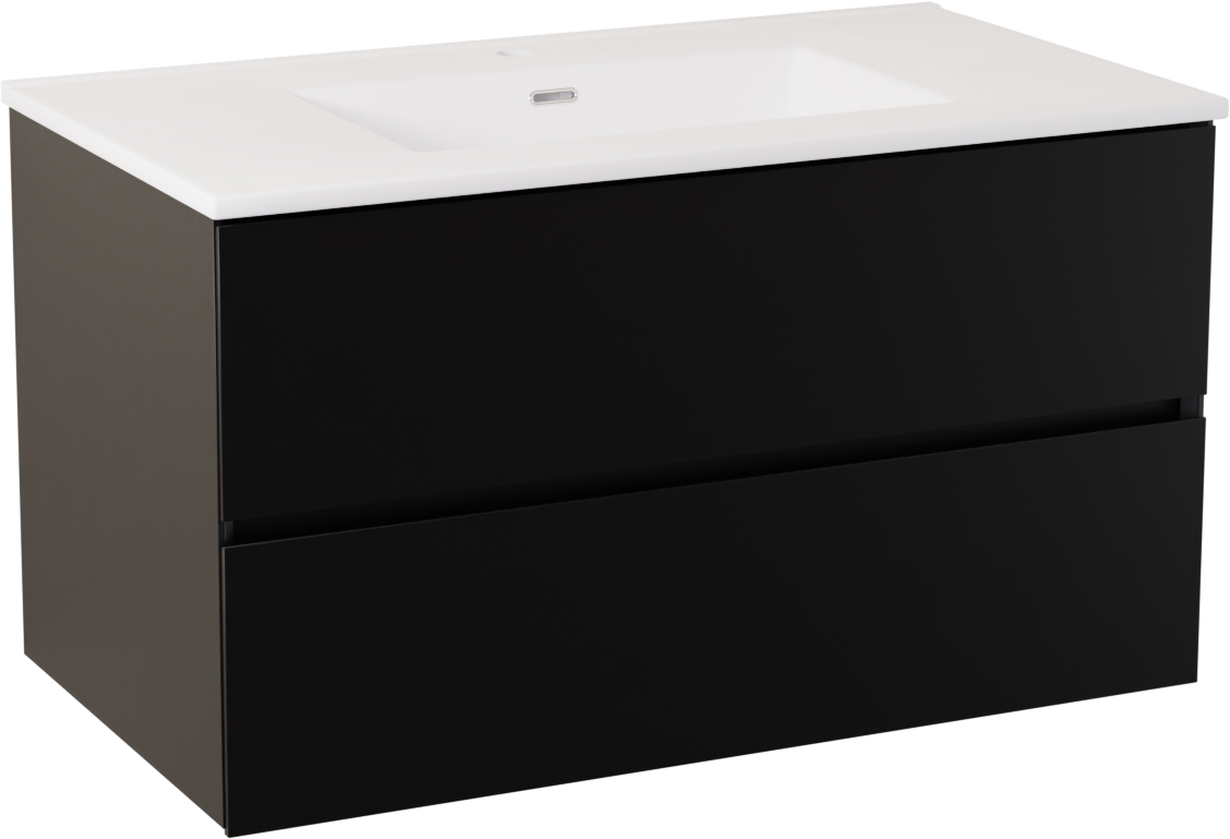 Storke Edge meuble salle de bains suspendu 85 x 52 cm noir mat avec Kera plan simple en céramique blanc mat, bonde incluse