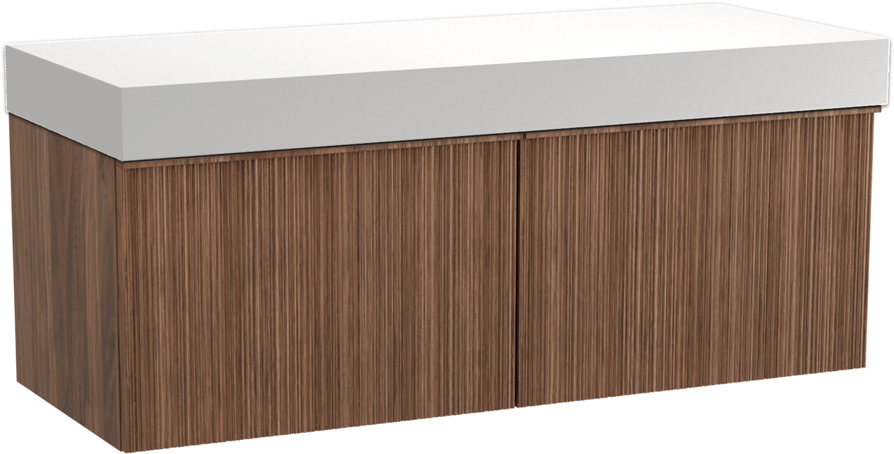 Balmani Forma meuble salle de bains suspendu 135 x 55 cm noyer américain avec Dominus tablette simple ou double en solid surface blanc mat, Nervure circulaire asymétrique verticale