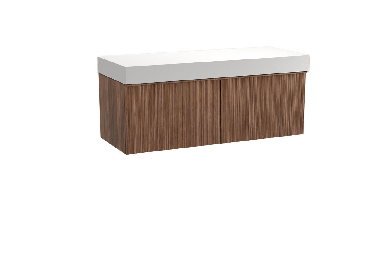 Balmani Forma hängendes Möbelstück Set: 135 x 55 cm, Amerikanischer Nussbaum, mit Dominus Einzel- oder Doppel Waschtischplatte, Solid Surface, Weiß matt, Vertikale asymmetrische Runde Rippe