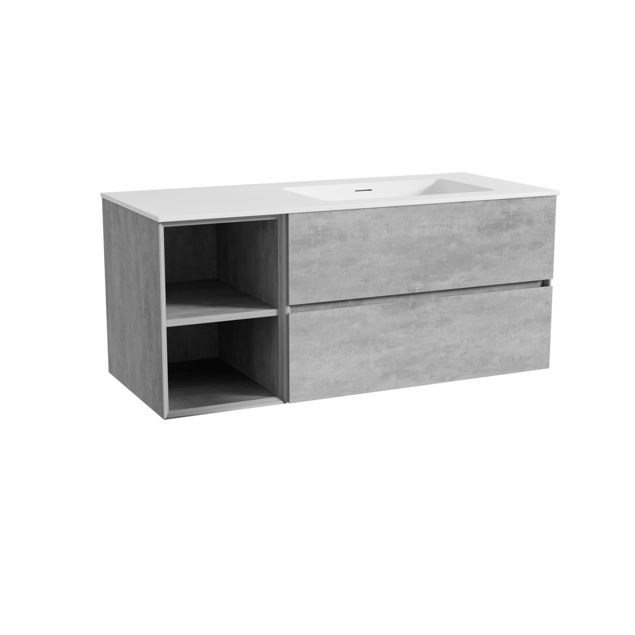 Storke Edge zwevend badmeubel 120 x 52 cm beton donkergrijs met Mata asymmetrisch rechtse wastafel in solid surface mat wit