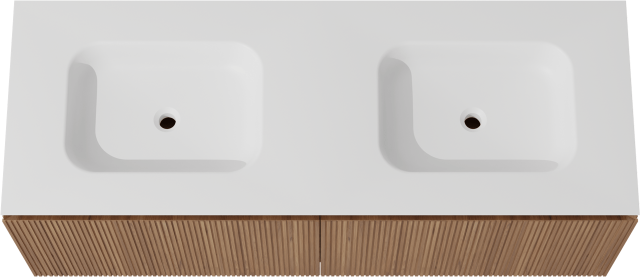 Balmani Eclips meuble salle de bains suspendu 150 x 55 cm Teck avec Eclips double vasque vasque en Solid Surface blanc mat, Nervure droite symétrique verticale