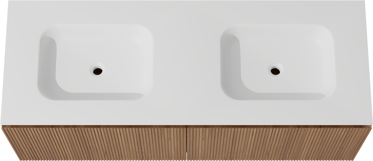 Balmani Eclips zwevend badkamermeubel 150 x 55 cm Teak met Eclips dubbele wastafel in Solid Surface mat wit, Verticale symmetrische rechte ribbel