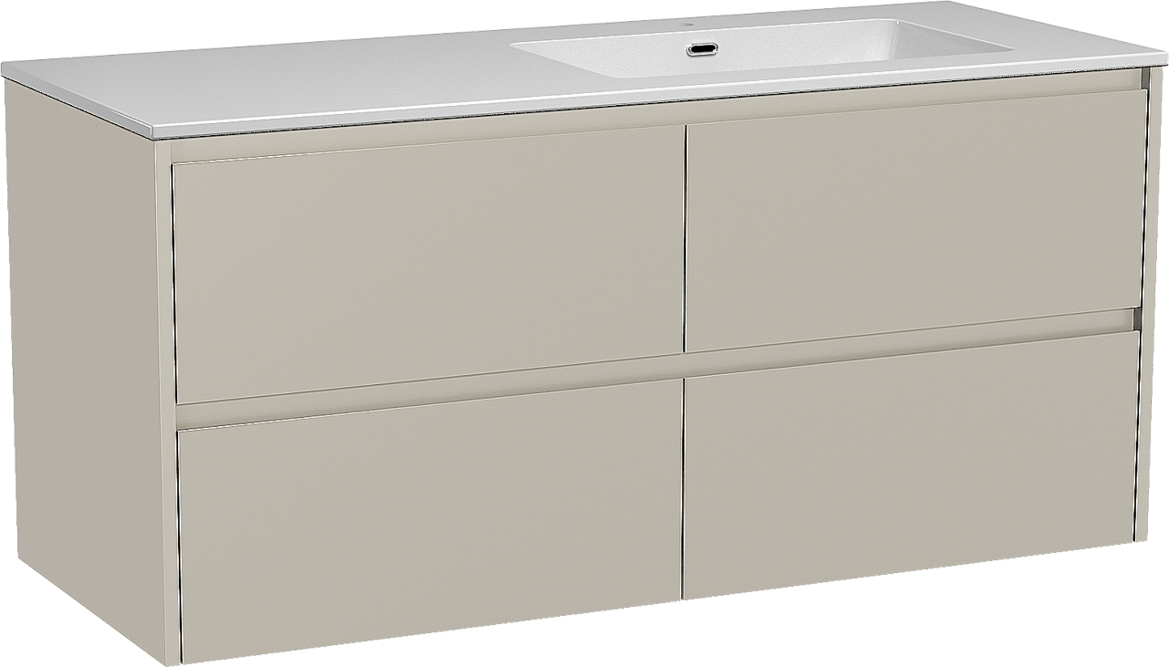 Storke Seda zwevend badkamermeubel 130 x 52 cm zijdegrijs met Diva asymmetrisch rechtse wastafel in composietmarmer glanzend wit