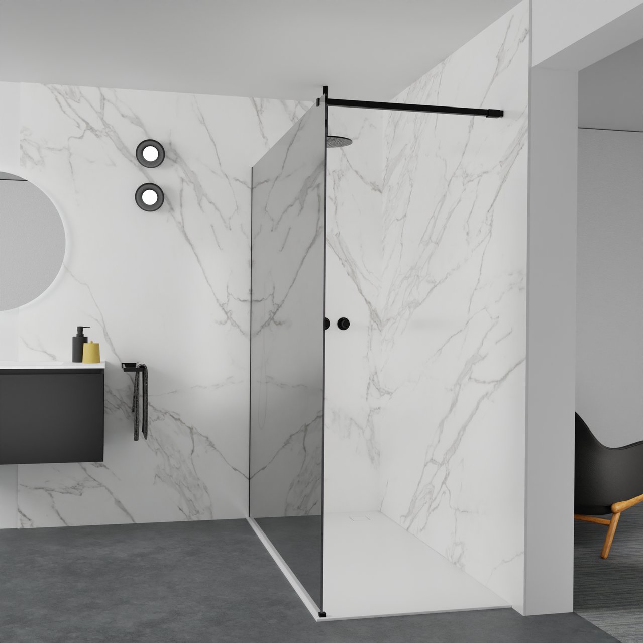 Balmani Modular Walk-In Dusche: 180 x 200 cm, Reflex-Spiegelglas, Profil Schwarz matt