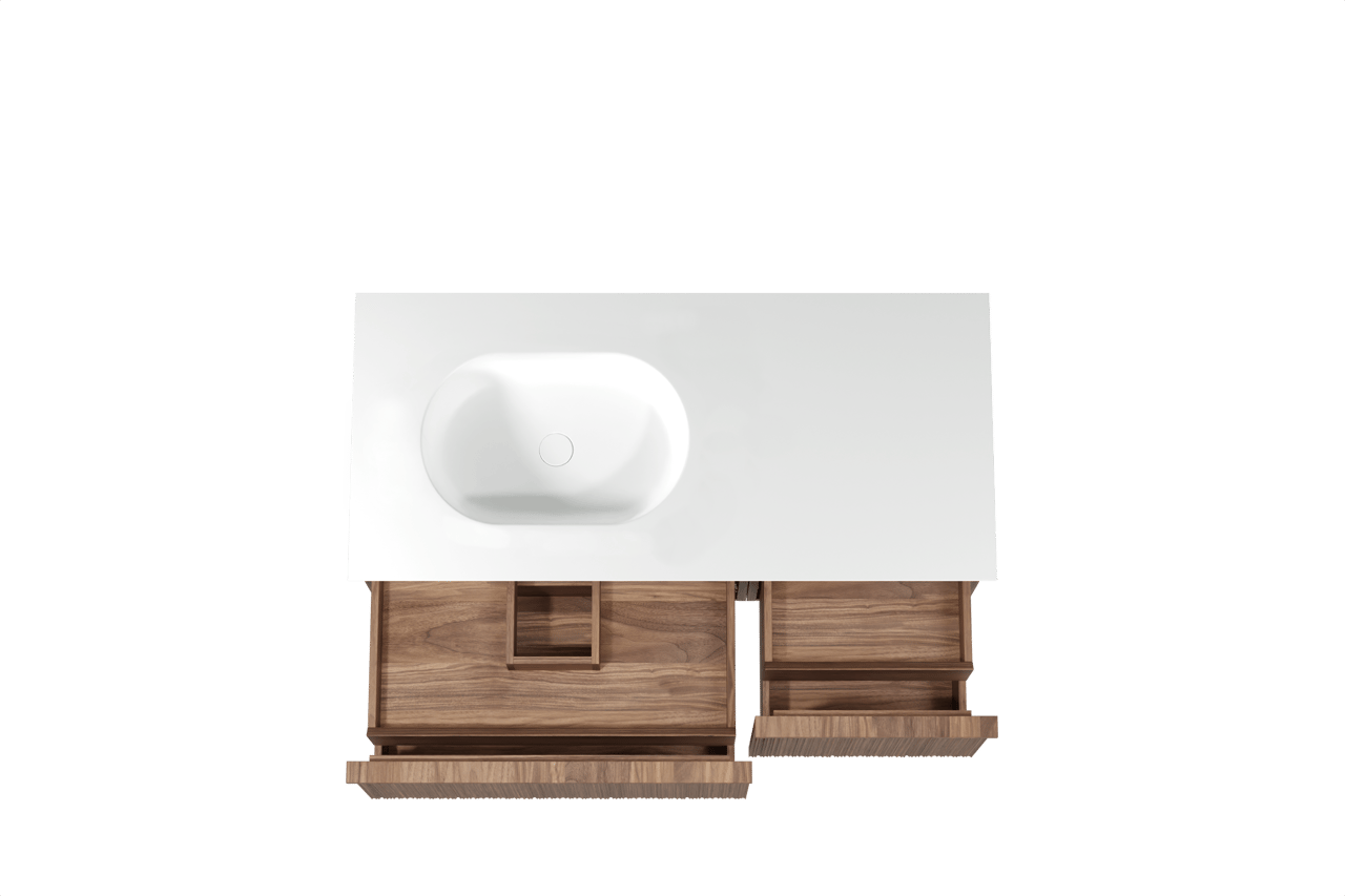 Balmani Forma hängendes Möbelstück Set: 120 x 55 cm, Amerikanischer Nussbaum, mit Tablo Oval Waschtisch links, Solid Surface, Weiß matt, Vertikale asymmetrische Runde Rippe