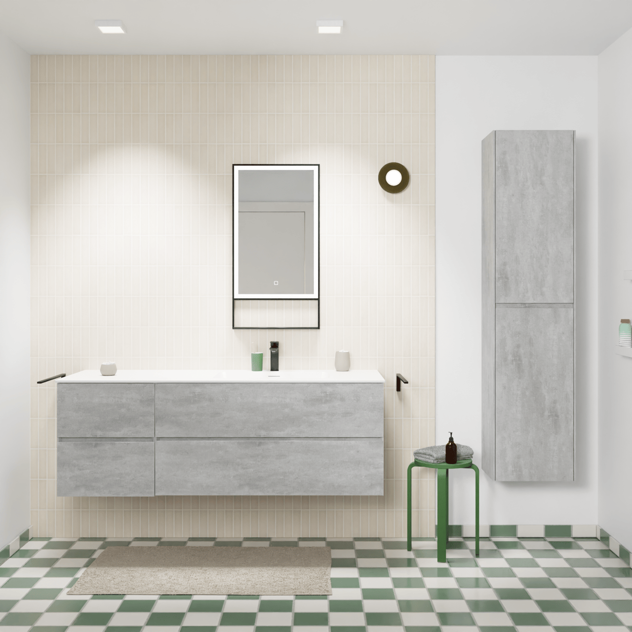 Storke Edge hängendes Möbelstück Set: 150 x 52 cm, Beton dunkelgrau, mit Mata Waschtisch rechts, Solid Surface Weiß matt