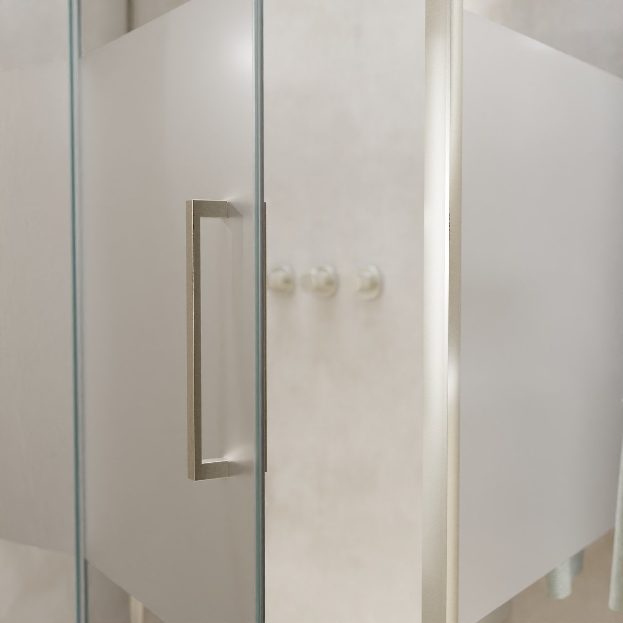 Balmani Senses Design Eckdusche: Drehtür (Links) mit fixierte Seitenwand, 140 x 90 cm, Klarglas mit mattiertem Streifen, Profil Brushed CoolMetal, inklusive Coating