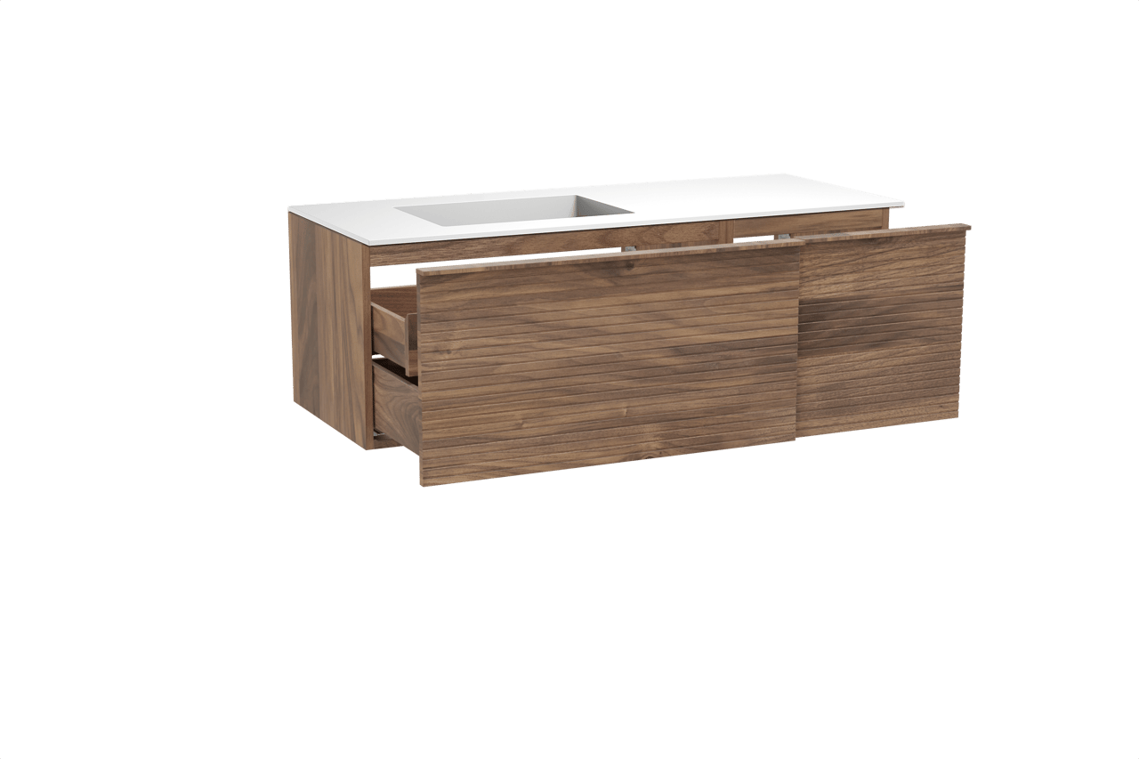 Balmani Forma hängendes Möbelstück Set: 135 x 55 cm, Amerikanischer Nussbaum, mit Tablo Stretto Waschtisch links, Solid Surface, Weiß matt, Horizontale symmetrische gerade Rippe