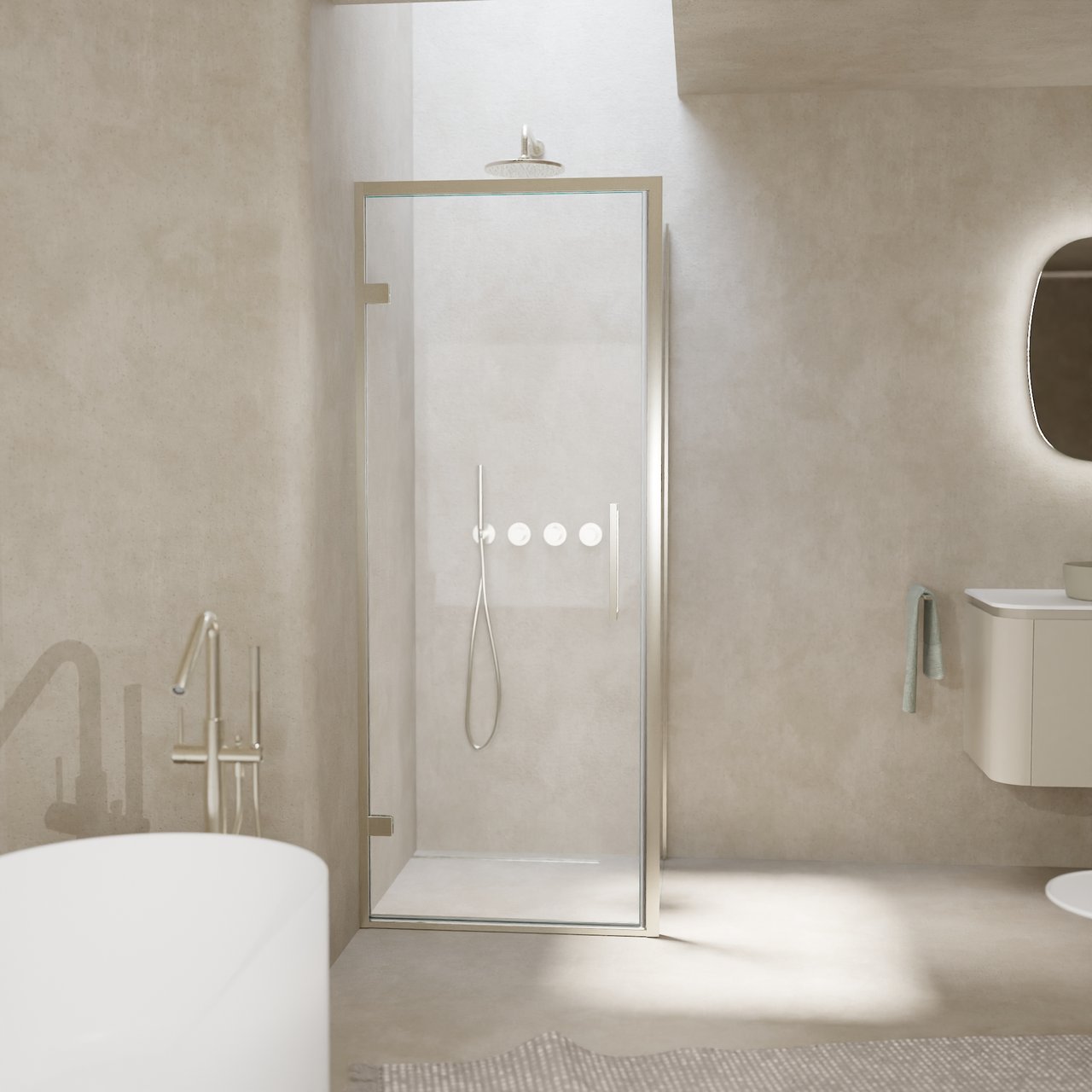 Balmani Senses Design douche en coin avec porte pivotante à gauche et paroi latérale fixe, 90 x 70 cm, Verre transparent, Profil Brushed CoolMetal, coating inclus, coating inclus