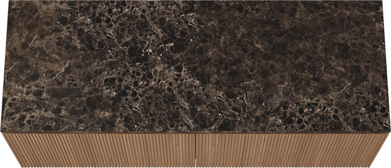 Balmani Eclips hängendes Möbelstück Set: 150 x 55 cm, Teak, mit Stretto Einzel- oder Doppel Waschtischplatte Marmor Dark Emperador, Vertikale symmetrische gerade Rippe