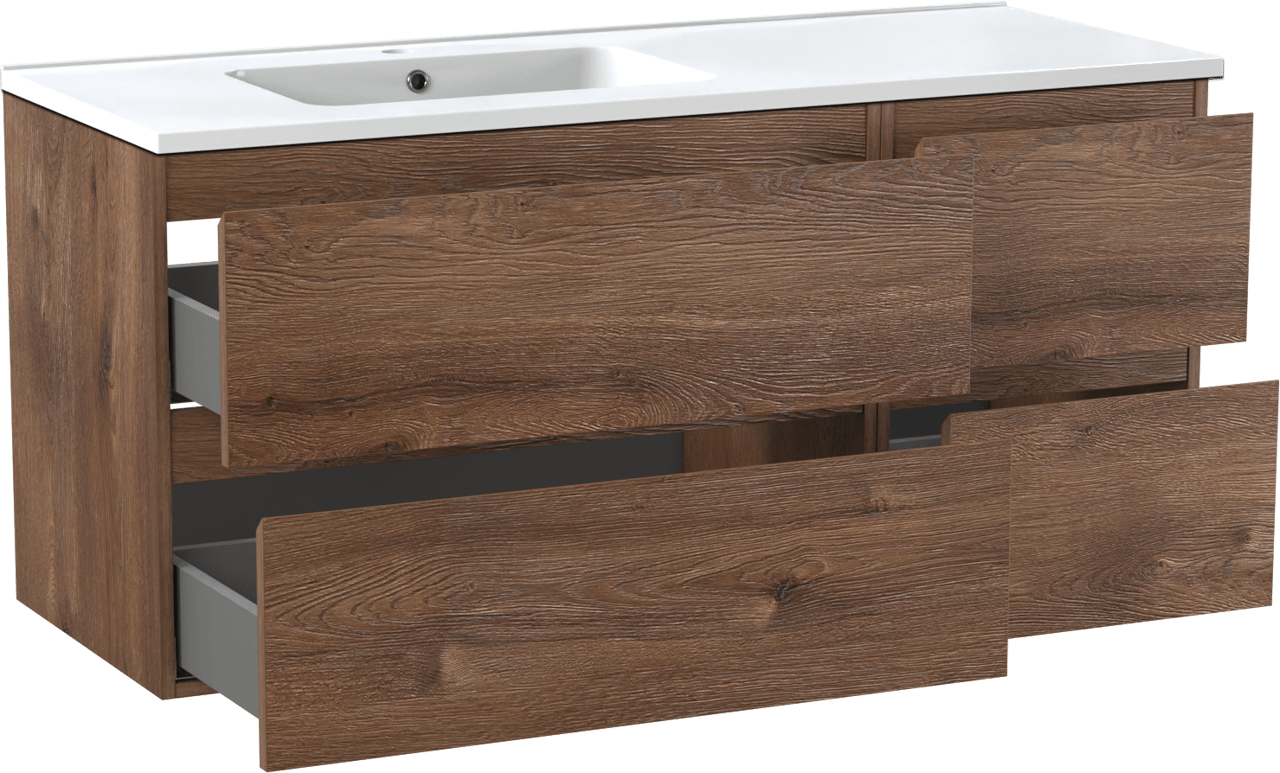 Linie Lado zwevend badmeubel 120 x 46 cm bruin eiken met Vano asymmetrisch linkse wastafel in composietmarmer hoogglans wit