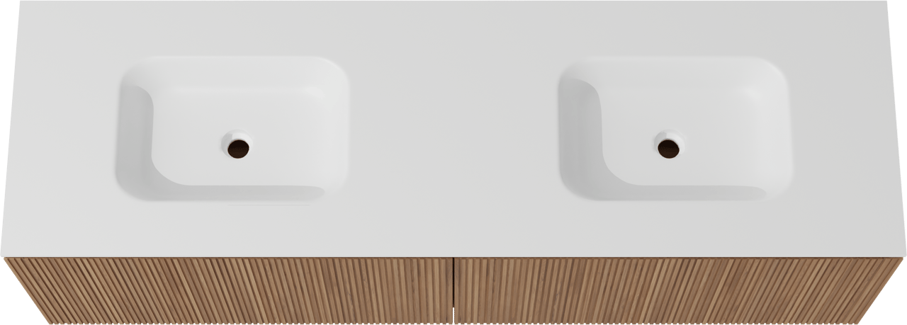 Balmani Eclips zwevend badmeubel 180 x 55 cm Teakhout met Tablo Arcato dubbele wastafel in Solid Surface mat wit, Verticale symmetrische rechte ribbel
