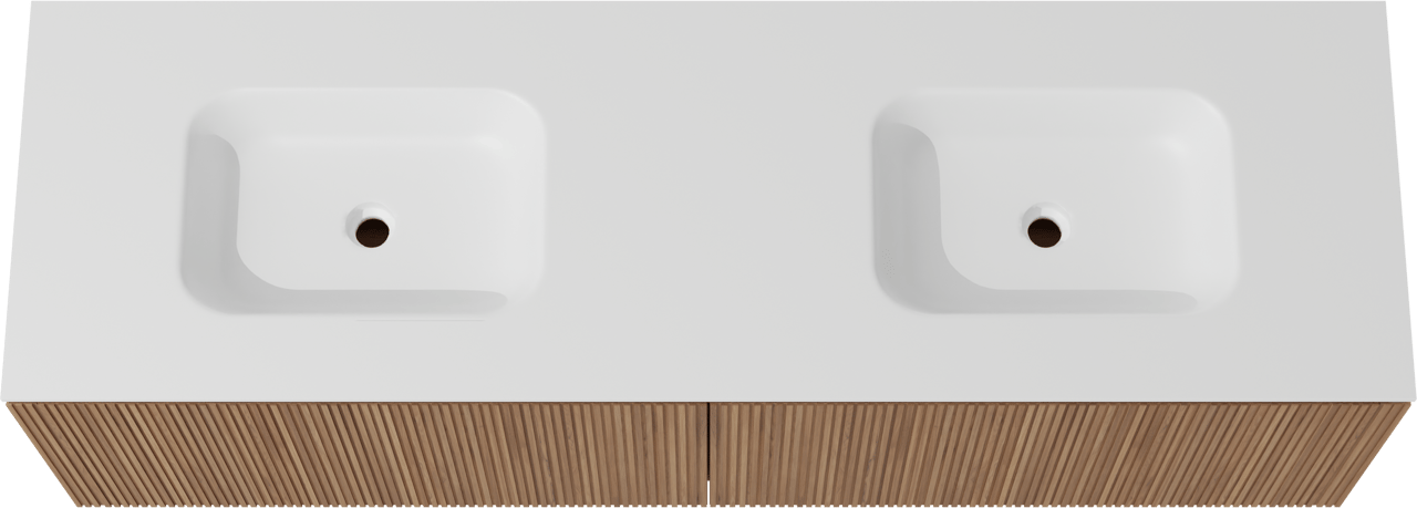 Balmani Eclips hängendes Möbelstück Set: 180 x 55 cm, Teak, mit Tablo Arcato Doppelwaschtisch Solid Surface Weiβ matt, Vertikale symmetrische gerade Rippe