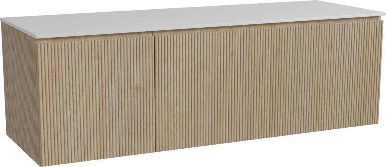 Storke Ribs zwevend badmeubel 150 x 52 cm ruw eiken met Tavola enkel of dubbel wastafelblad in solid surface mat wit, Verticale symmetrische rechte ribbel