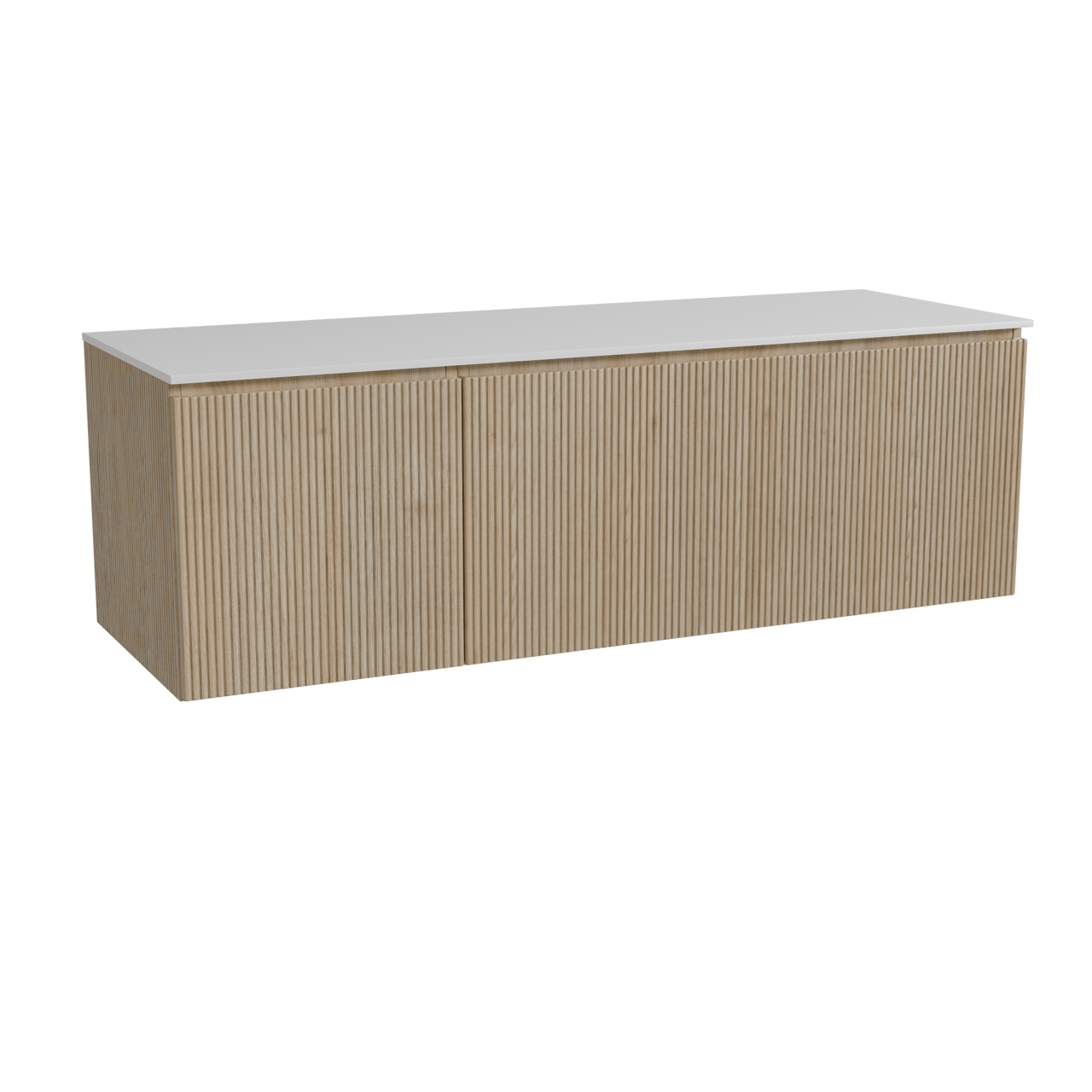 Storke Ribs zwevend badkamermeubel 150 x 52 cm ruwe eik met Tavola enkel of dubbel tablet in solid surface mat wit, Verticale symmetrische rechte ribbel