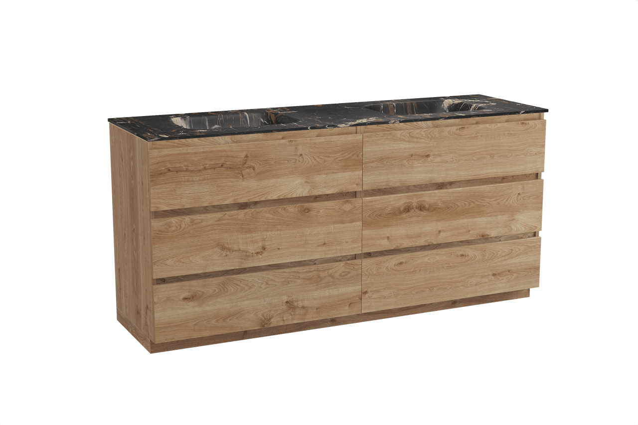 Balmani Lucida meuble salle de bains à poser 180 x 55 cm chêne brut avec Tablo Arcato double vasque en marbre portoro gold