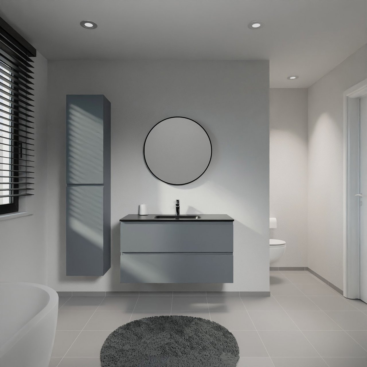 Linie Lado hängendes Möbelstück Set: 100 x 46 cm, Anthrazitblau, mit Baro Einzelwaschtisch, Porzellan Schwarz matt