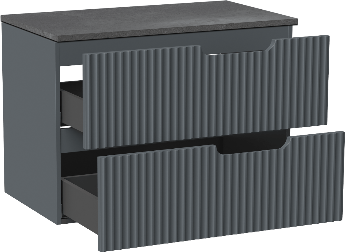 Linie Ribbo zwevend badmeubel 80 x 46 cm blauw antraciet met Lado enkel wastafelblad in melamine grijze leisteen, Verticale symmetrische ronde ribbel