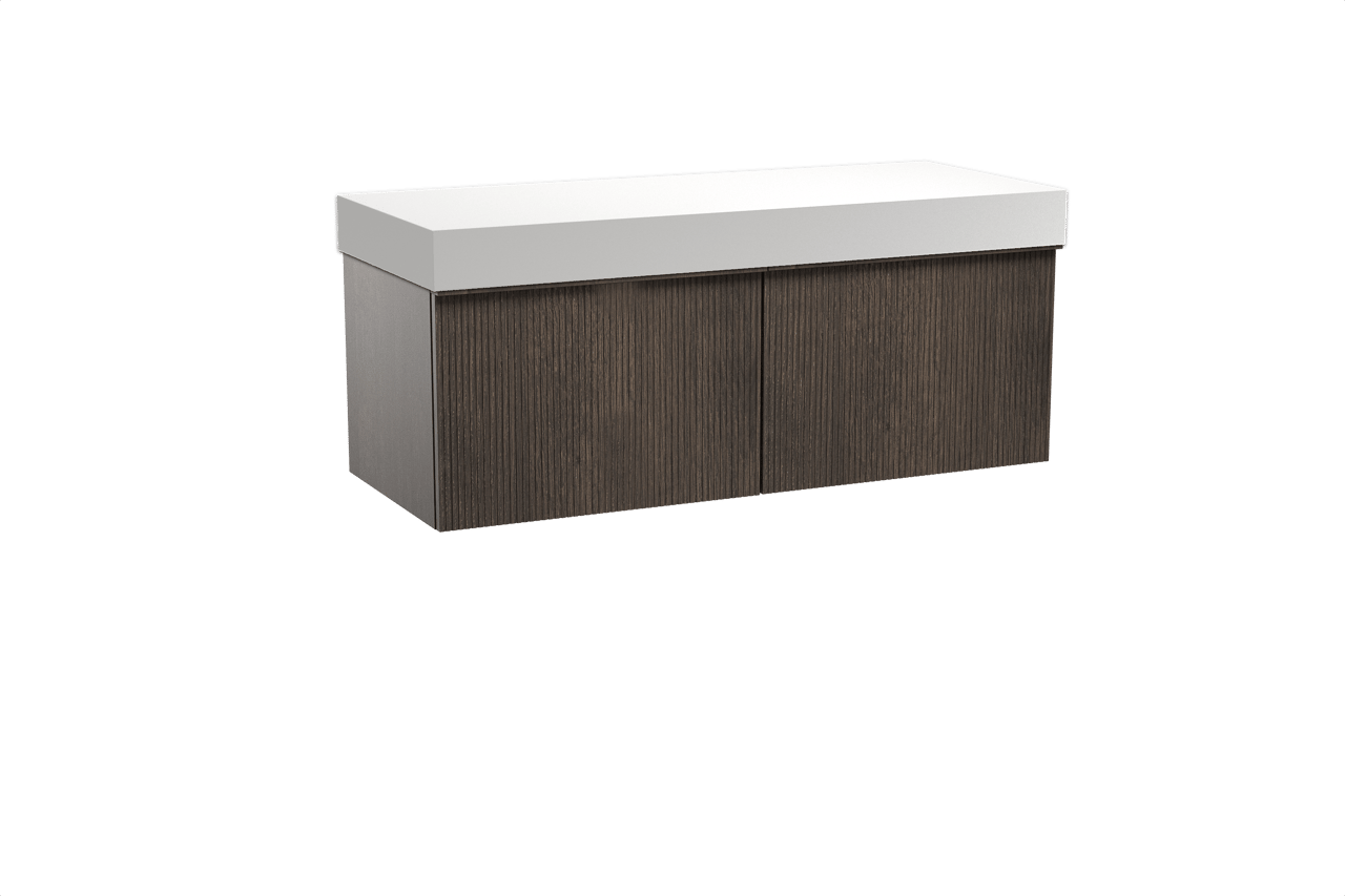 Balmani Forma meuble salle de bains suspendu 135 x 55 cm chêne fumé avec Dominus tablette simple ou double en solid surface blanc mat, Nervure droite symétrique verticale