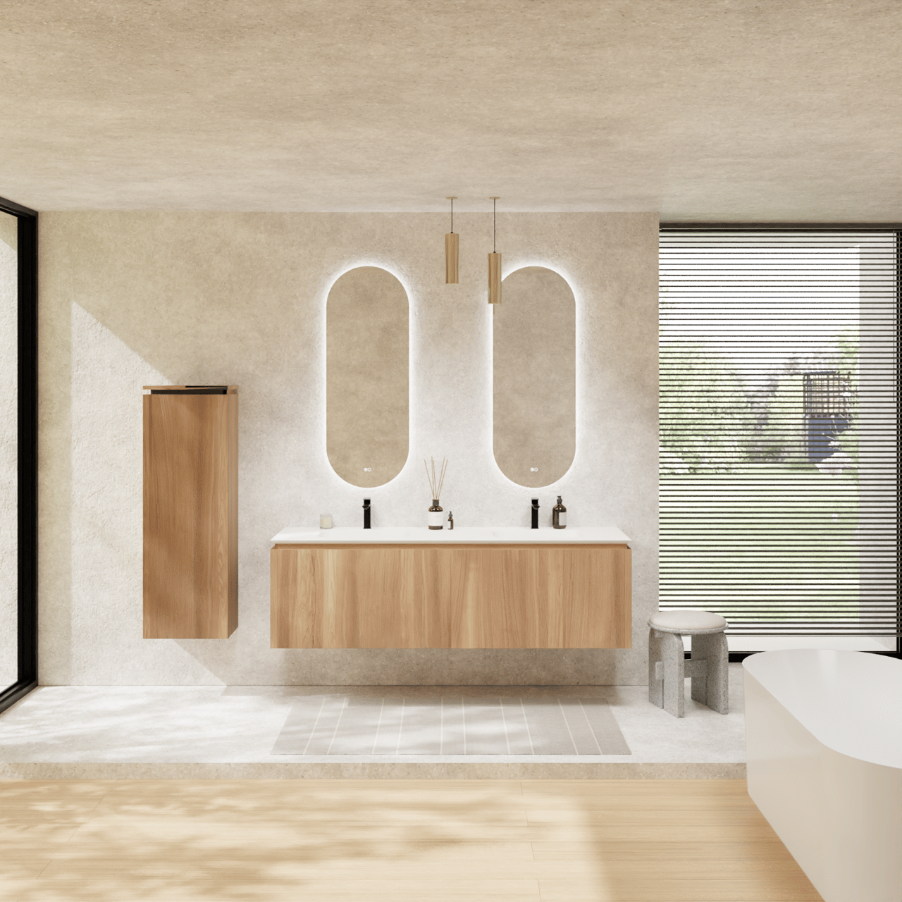 Balmani Eclips hängendes Möbelstück Set: 180 x 55 cm, Teak, mit Eclips Doppelwaschtisch Solid Surface Weiβ matt