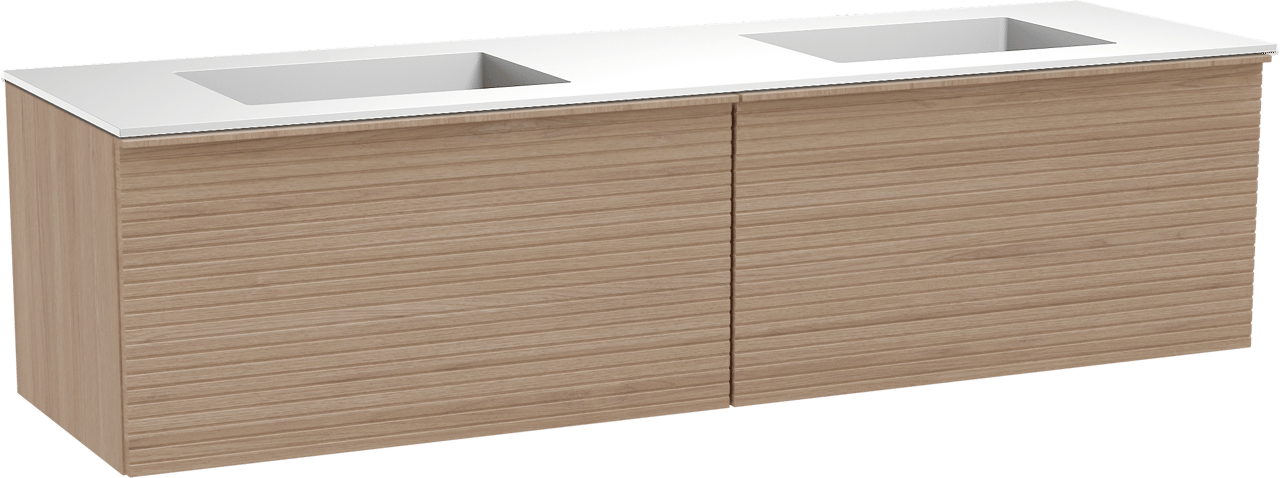 Balmani Forma zwevend badmeubel 180 x 55 cm naturel eiken met Tablo Stretto dubbele wastafel in solid surface mat wit, Horizontale symmetrische rechte ribbel