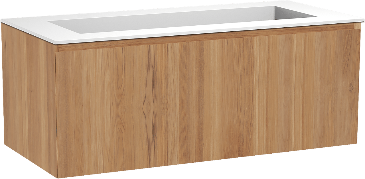 Balmani Idra hängendes Möbelstück Set: 120 x 55 cm, Teak, mit Tablo Stretto Einzelwaschtisch für 2 Armaturenlöcher, Solid Surface Weiß matt