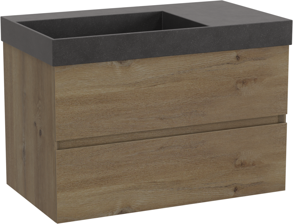 Storke Edge hängendes Möbelstück Set: 80 x 46 cm, Rohe Eiche, mit Jura Waschtisch links, Quarz Schwarz matt