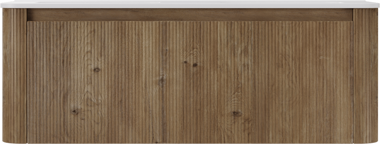 Storke Soft zwevend badmeubel 140 x 46 cm ruw eiken met Kera Soft dubbele wastafel in porselein mat wit, Verticale symmetrische rechte ribbel