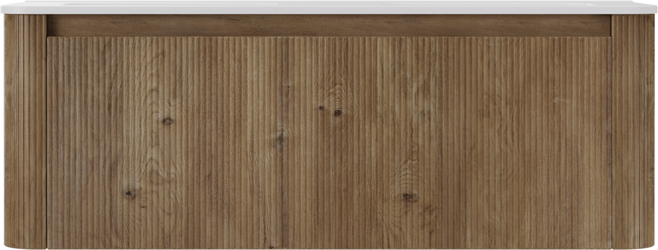 Storke Soft zwevend badkamermeubel 140 x 46 cm ruwe eik met Kera Soft dubbele wastafel in porselein mat wit, Verticale symmetrische rechte ribbel