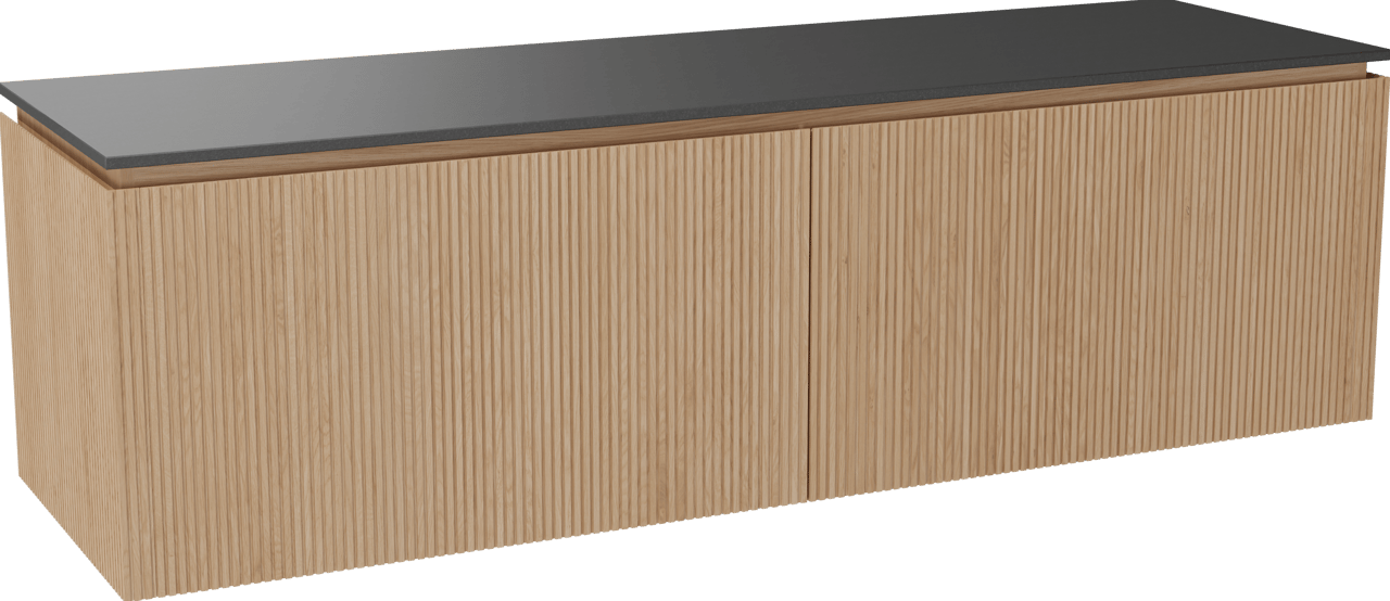 Balmani Eclips hängendes Möbelstück Set: 180 x 55 cm, Eiche Natur, mit Stretto Einzel- oder Doppel Waschtischplatte Granit poliert, Vertikale symmetrische gerade Rippe