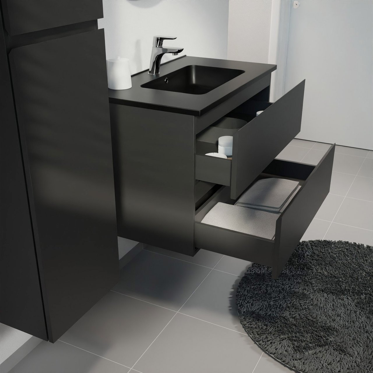 Linie Lado meuble salle de bains suspendu 80 x 46 cm noir mat avec Vano plan simple en marbre composite noir mat