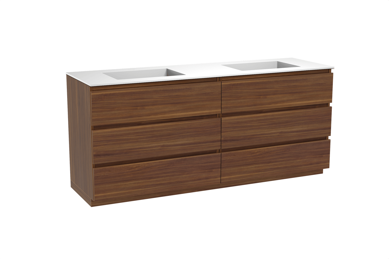 Balmani Lucida freistehendes Möbelstück Set: 180 x 55 cm, Amerikanischer Nussbaum, mit Tablo Stretto Doppelwaschtisch, Solid Surface Weiß matt