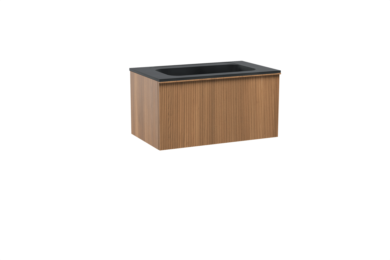 Balmani Forma zwevend badkamermeubel 90 x 55 cm teak met Tablo Strada enkele wastafel in composietmarmer mat zwart, Verticale symmetrische rechte ribbel