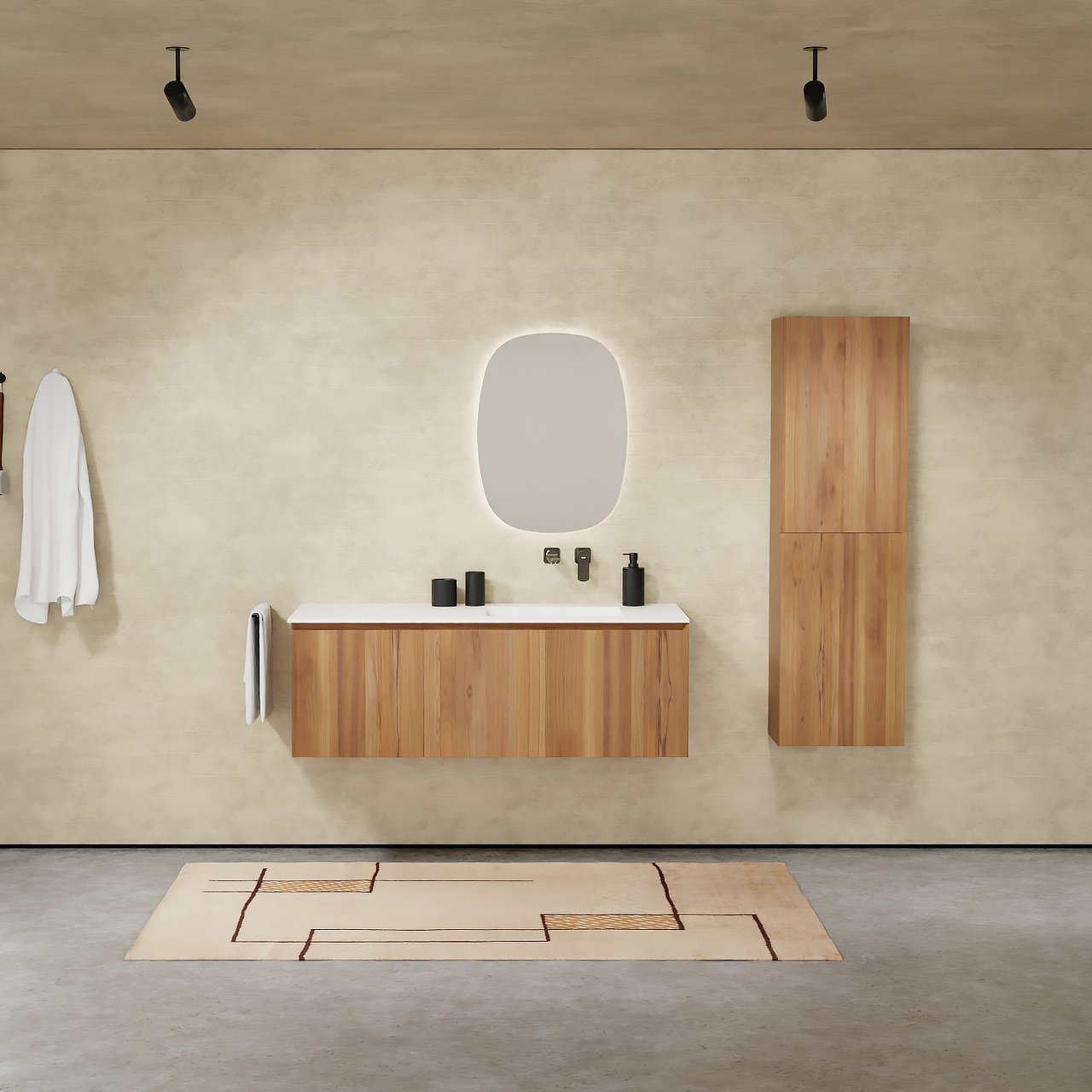 Balmani Idra hängendes Möbelstück Set: 135 x 55 cm, Teak, mit Tablo Arcato Waschtisch rechts, Solid Surface Weiß matt