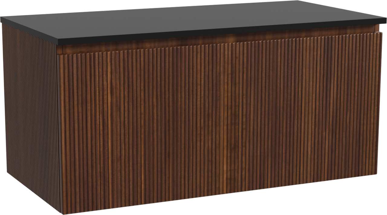 Storke Ribs zwevend badmeubel 105 x 52 cm notenhout met Panton enkel wastafelblad in gepoedercoate mdf mat zwart, Verticale symmetrische rechte ribbel