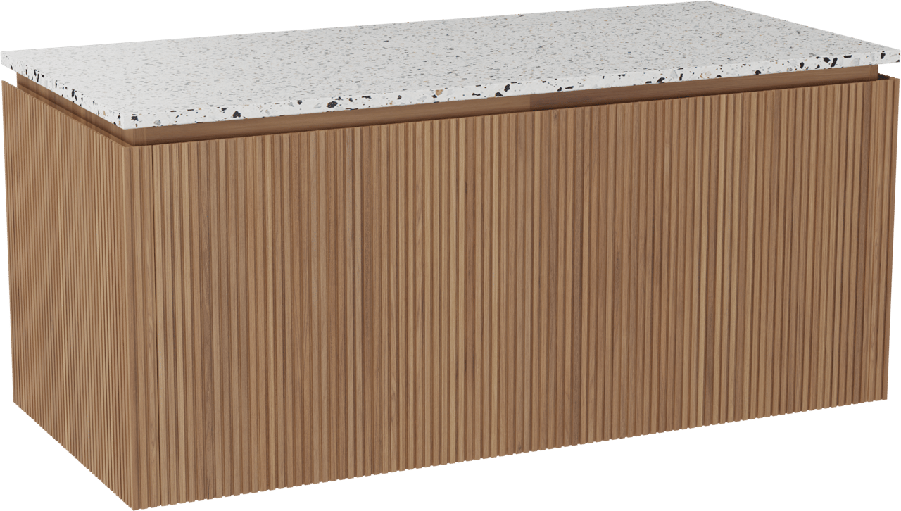 Balmani Eclips hängendes Möbelstück Set: 120 x 55 cm, Teak, mit Stretto Einzel- oder Doppel Waschtischplatte Bianco Nero Terrazzo, Vertikale symmetrische gerade Rippe