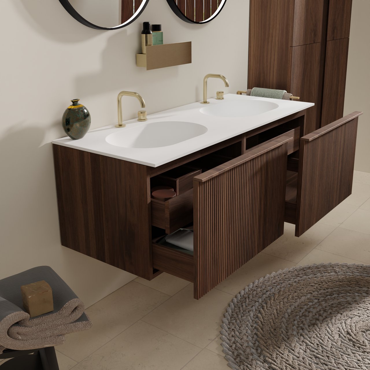 Balmani Forma zwevend badmeubel 150 x 55 cm amerikaans notenhout met Tablo Oval dubbele wastafel in solid surface mat wit, Verticale asymmetrische ronde ribbel