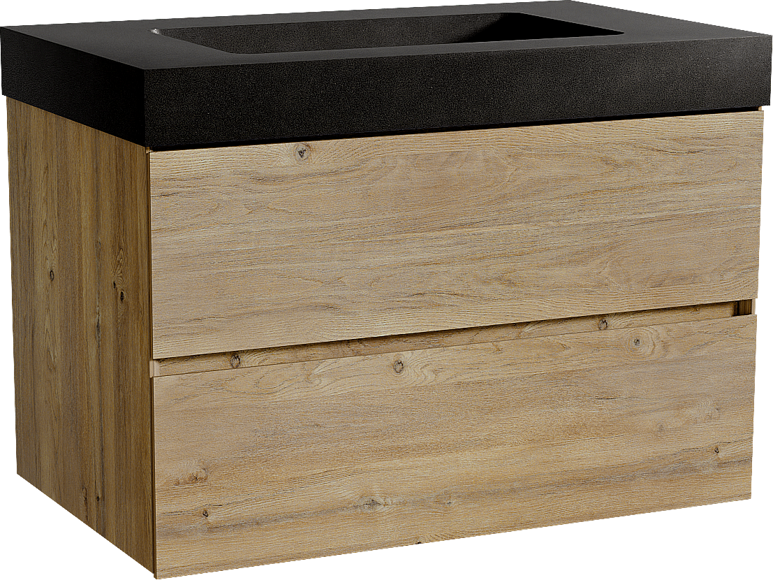 Storke Edge meuble salle de bains suspendu 85 x 52 cm chêne brut avec Scuro High plan simple en quartz noir mat