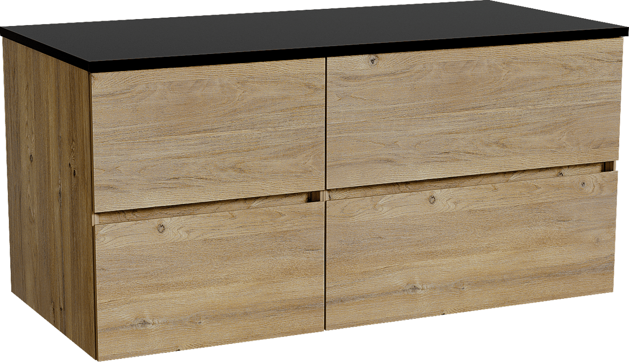 Storke Edge hängendes Möbelstück Set: 110 x 52 cm, Rohe Eiche, mit Panton Einzel Waschtischplatte, Pulverbeschichtetes MDF Schwarz matt