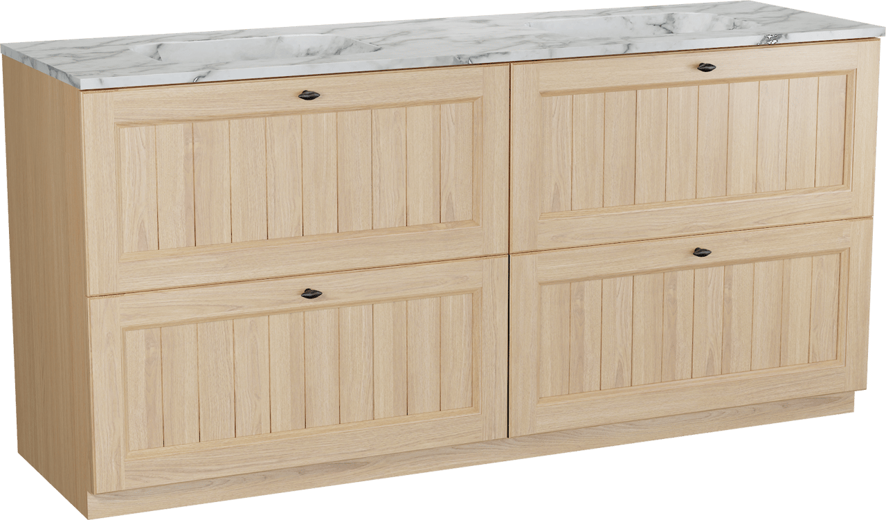 Balmani Lemon freistehendes Möbelstück Set: 180 x 55 cm, Naturbelassene Eiche Furnier, mit Tablo Arcato Doppelwaschtisch, Carrara